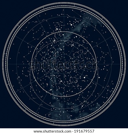 Astronomical Celestial Map of The Northern Hemisphere. Detailed Chart. Deep Night Black Ink version.