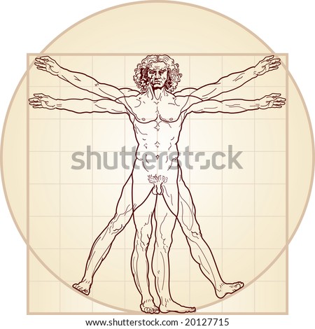 The Vitruvian man. Detailed drawing on the basis of artwork by Leonardo da Vinci (executed circa in 1490) by ancient manuscript of Roman master Marcus Vitruvius Pollio.