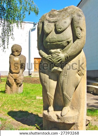 Stone idol of the ancient Slavs and Scythians (IX-XIII centuries). Stone sculpture park, Polovtsian steppe, Ukraine.