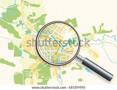 Map of the City and a Loupe. Color bright decorative background illustration.