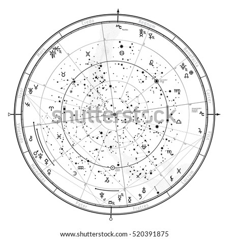 Astrological Celestial map of Northern Hemisphere. Horoscope on January 1, 2017 (00:00 GMT). 
Detailed outline chart with symbols and signs of Zodiac, planets, asteroids & etc.