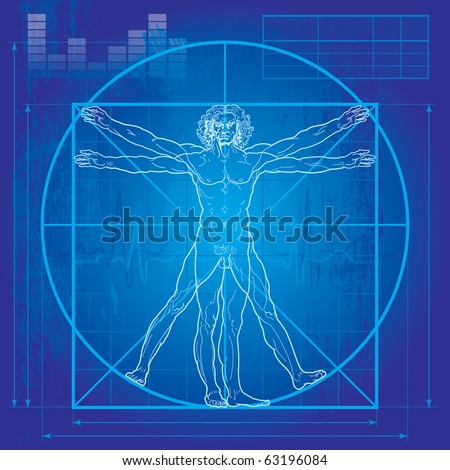 The Vitruvian man (Blueprint version). So-called Leonardo's man. Detailed vector drawing based on the artwork by Leonardo da Vinci c. 1490.