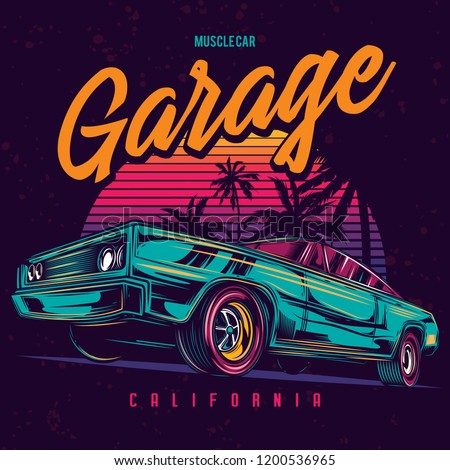 Original vector illustration of an American muscle car in retro neon style.