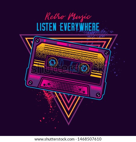 Vintage music cassette with magnetic film in neon style. Original vector illustration.
