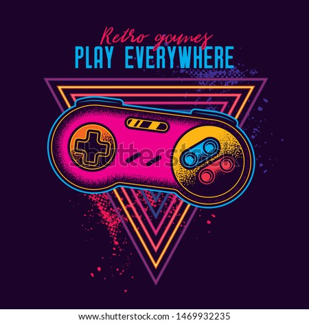 Retro gamepad from 8-bit consoles. Vector illustration in neon style.