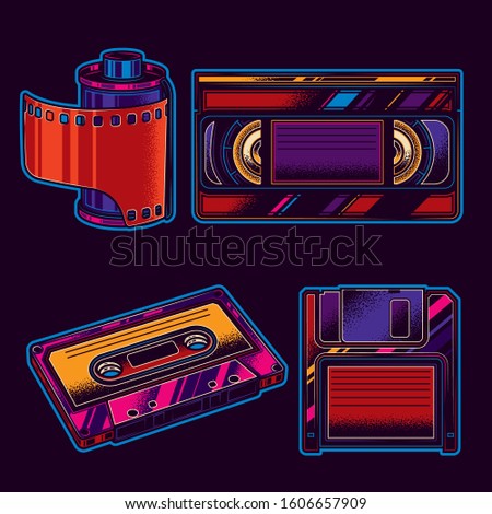 Original retro vector set in neon style. Film, Cassettes, Floppy Disks.