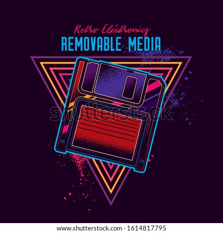 Original vector illustration in neon style. Removable media. Floppy.