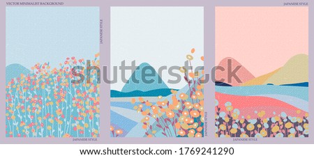 Set of three natural minimalist backgrounds. Hand-drawn illustrations with japanese geometric pattern for  for wall decoration, postcard or brochure, cover design, stories, social media, app design.