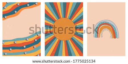 Set of three abstract pop art aesthetic backgrounds with sun lights, stars, Boho rainbow, waves, dots, thin lines. Trendy colorful vector illustration for social media, wed design, in vintage style.