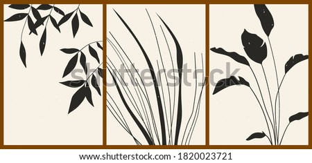 A set of three abstract minimalist aesthetic floral illustrations. Black silhouettes of plants on a light background. Modern monochrome vector posters for social media, web design in vintage style.