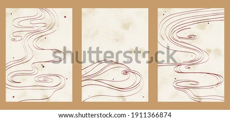 Japanese vintage style creative aesthetic posters. A4 vertical illustrations. Set of three backgrounds with watercolor texture and thin lines, traditional pattern, dots, waves, curls.