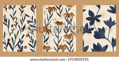 Japanese vintage style creative aesthetic posters. A4 vertical illustrations. Set of three minimalist abstract backgrounds with watercolor texture, flowers, dots, leaves, plants.