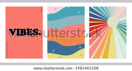 A set of three bright aesthetic posters. Minimalistic posters with positive phrases for social media, cover design, web. Vintage illustrations with rainbow, sun, geometric shapes, dots, lines. Foto d'archivio © 