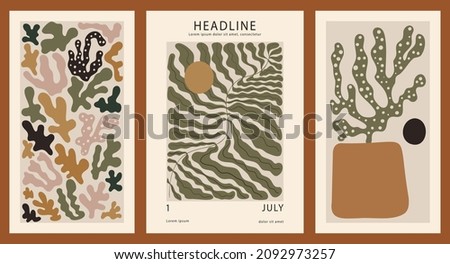 Set of three backgrounds for typography, decor design, covers. Vintage stylish illustration in boho style with flowers in a pot, plants, leaves, sun. circles, dots. Abstract vertical poster.
