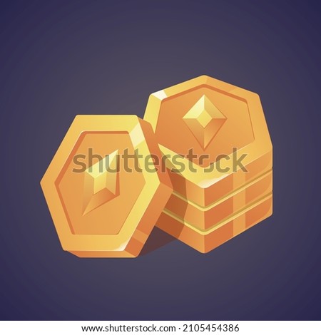 Stack of golden coins with rhombus engraving for game design. In-game currency. Pass reward. Template for mobile, client and browser applications. Volumetric vector colorful object for stylization.
