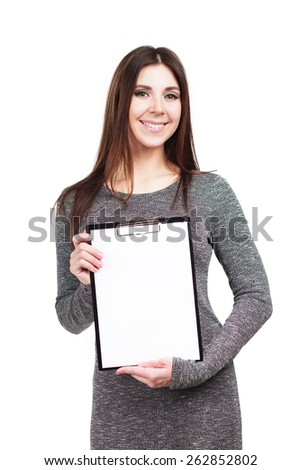Beautiful young woman holding black folder with white sheet copy space