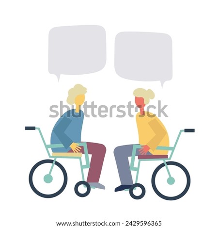 Diversity and Inclusion: two older women with physical disabilities socialize in wheelchair. Vector illustration