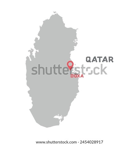 Quatar vector map illustration, country map silhouette with mark the capital city of Quatar inside. Map of Quatar vector drawing. Filled version illustration isolated on white background.