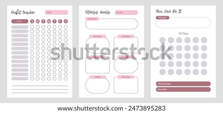 Fitness goals. planner pages templates set. Organizer page, diary and daily control book. Life planners, monthly, weekly and days organizers or office schedule list. Graphic organization paper vector.