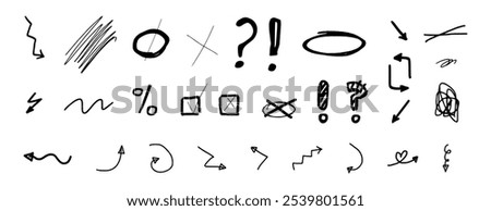 Vector set of grunge graphic elements. Street art texture hand drawn pencil underlines and strikethrough, scribble emphasis lines, punk hatches, ovals. Set of chalk strokes