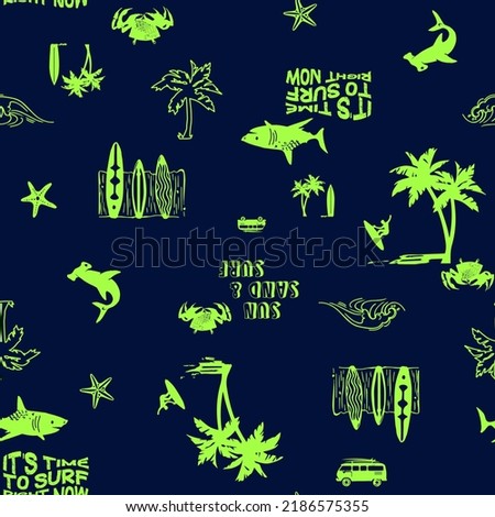 Summer seamless pattern design.Palm tree, surfboard, shark vector print. neon green blue background