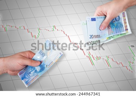 Swiss Franc and Euro banknotes on stock market chart background - Swiss Franc is stronger than Euro