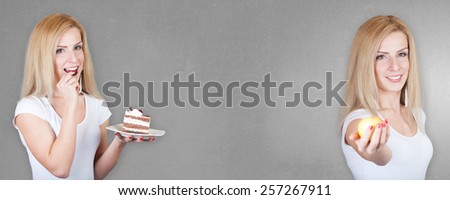 Beautiful young fitness model woman with a plate full of sweets and another with fruit apple - Weight loss diet - Isolated on old grey wall background with place for your text