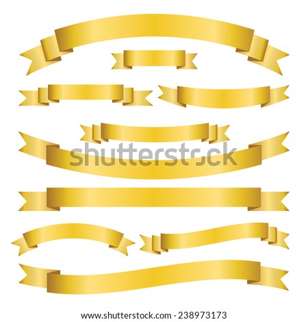 Set of golden ribbons and banners on white background. Collection of blank scrolls for your design. Vector illustration.