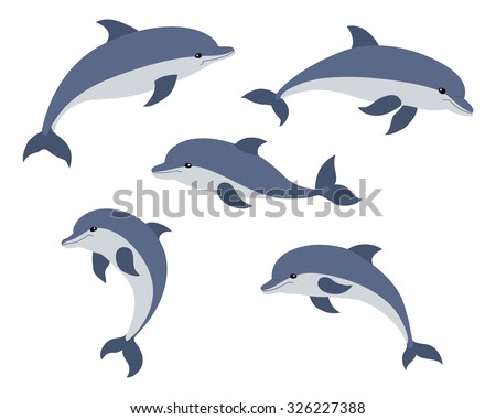 Set of five cute dolphins. Vector illustration.