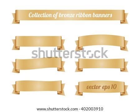 Set of bronze ribbon banners for promotion. Collection of beige retro scroll elements for design. Vector illustration.
