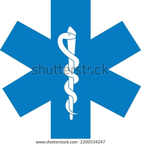 Medical symbol blue Star of Life with Rod of Asclepius icon isolated on white background. First aid. Emergency symbol. Vector illustration.
