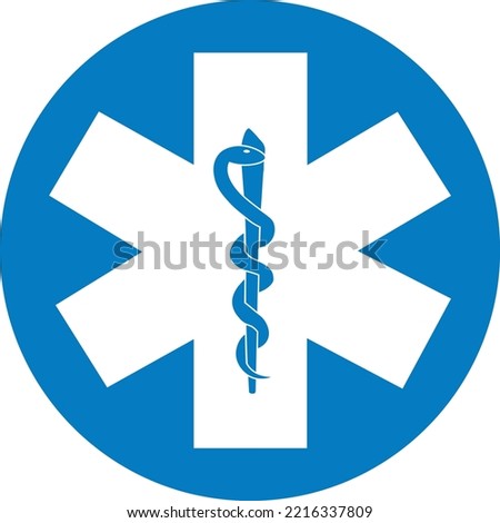 Medical symbol blue Rod of Asclepius Star of Life icon isolated on white background. First aid. Staff of Asclepius. Emergency symbol. Vector illustration.