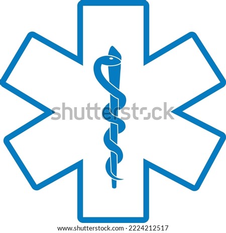 White and blue Star of Life medical symbol with Rod of Asclepius icon isolated on white background. First aid. Emergency symbol. Vector illustration.