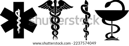 Medical symbol icons set. Star of Life with cross, caduceus, Rod of Asclepius and pharmacy symbol Bowl of Hygieia. Isolated on white background. Logo sign concept. Medicine. Vector illustration.