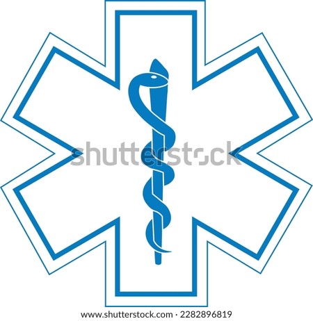 White and blue Star of Life medical symbol with Rod of Asclepius. Paramedic logo icon. Isolated on white background. First aid. Emergency symbol. Vector illustration.