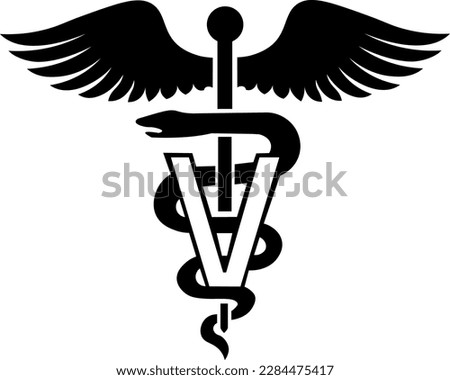 Veterinary caduceus symbol icon. Snake and stick with wings. Veterinary medicine logo. Pet care. Isolated on white background. Vector illustration.
