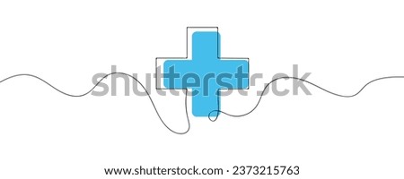 Medical cross one continuous line drawing. Line art. Blue medical cross. Plus sign. Logo icon concept. Vector illustration.