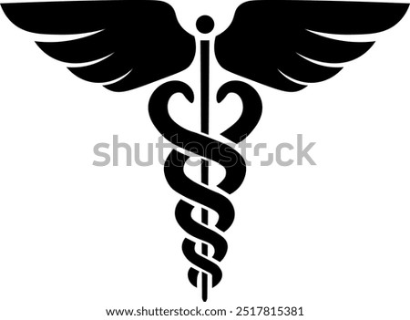 Caduceus symbol icon. Snake and stick with wings. Medicine logo. Healthcare. Rod of Asclepius. Isolated on white background. Vector illustration.