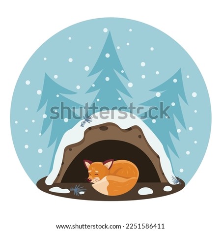 Cartoon fox inside the hole. Red fox in a hole during hibernation. Flat vector illustration.	