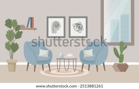 A psychologist's office, a cozy room with two armchairs, a window, paintings, a bookshelf, paper napkins and potted plants. Interior concept. Vector flat illustration.