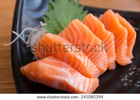 Salmon Sashimi on Black Ceramic Plate