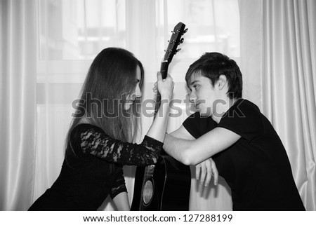 black&white image of young couple in love