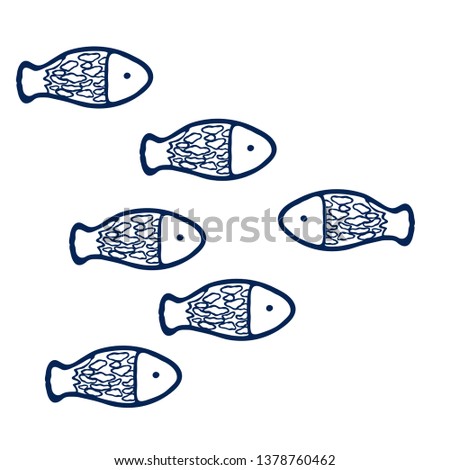 Fishes swimming together and one against the current/ vector illustration