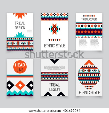 Set of geometric tribal colorful flyers, brochure templates, design elements, modern tribal pattern, gift card  - stock vector