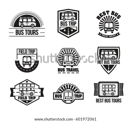 Bus trip and travel tour badge logo collection for traffic service tourism, black emblem set, vector flat style illustration isolated on white background, different shapes