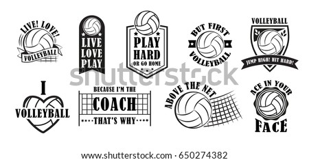 Volleyball logo set, creative labels for players competing in sport game, athletes and coaches motto, t-shirt badge for fan zone or volunteers, vector illustration