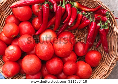 background of red ripe tomatoes background of red ripe tomatoes on the vine in a basket of wicker and red chili with a place for inscription