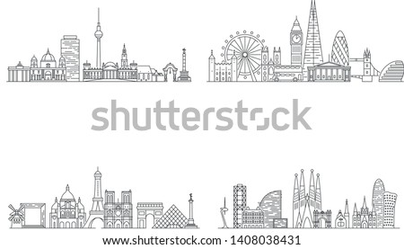 Berlin, London, Paris, Barcelona cities skylines. Line art illustration