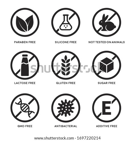 Set of icons Gluten Free, Lactose Free, GMO Free, Paraben, Food additive, Sugar free, Not Tested on Animals, Antibacterial, Silicone vector icons