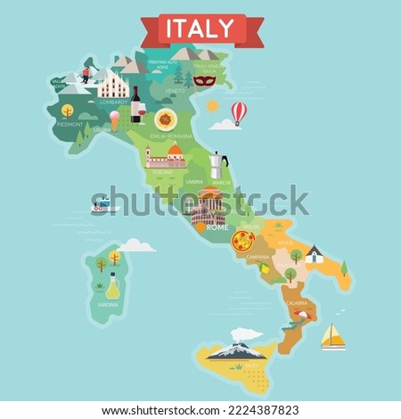 Italy tourist map with regions. Tourist and travel landmarks.